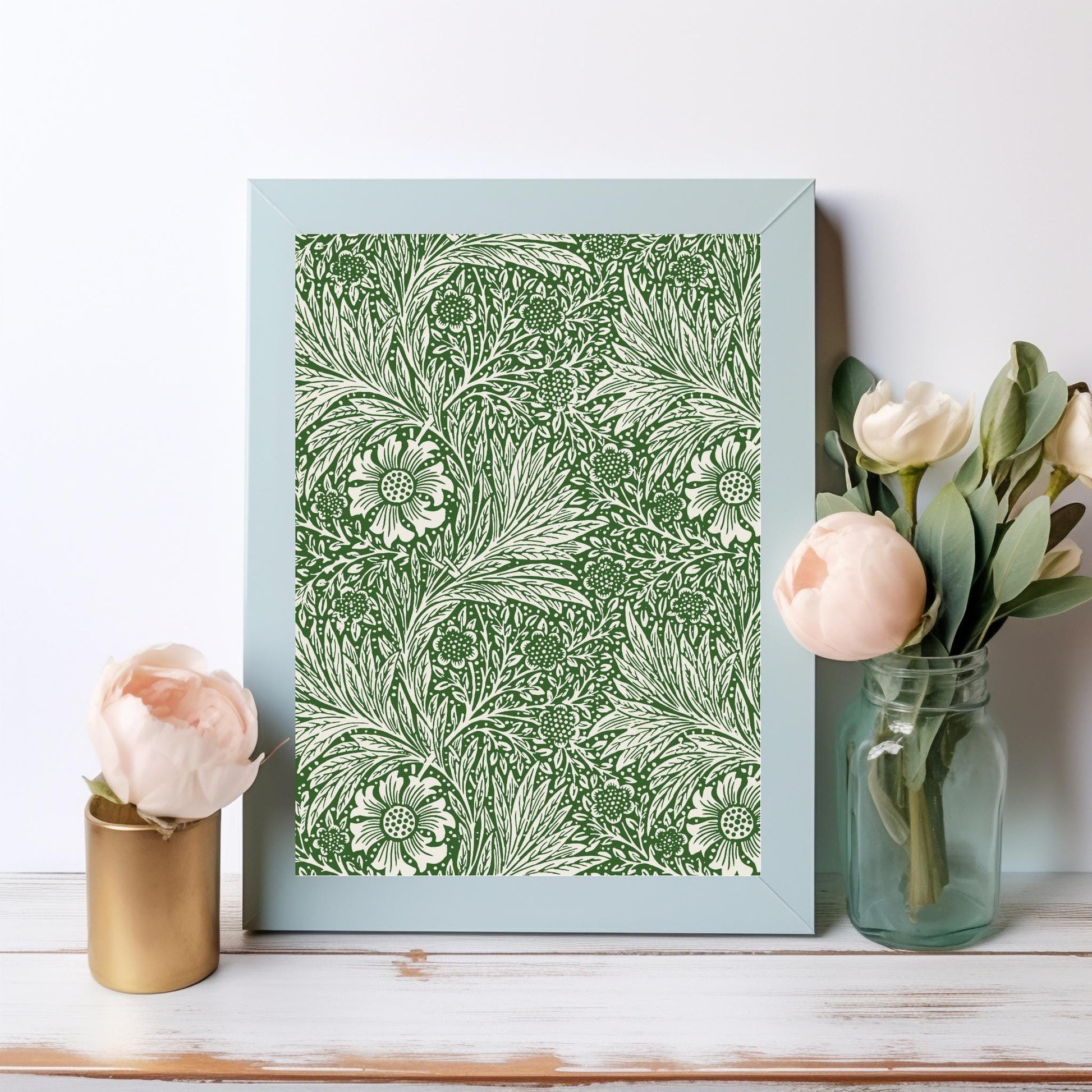 William Morris Inspired Vintage Green and White Floral Art Deco Pattern - Digital Art for Wall Decor and Printable Downloads