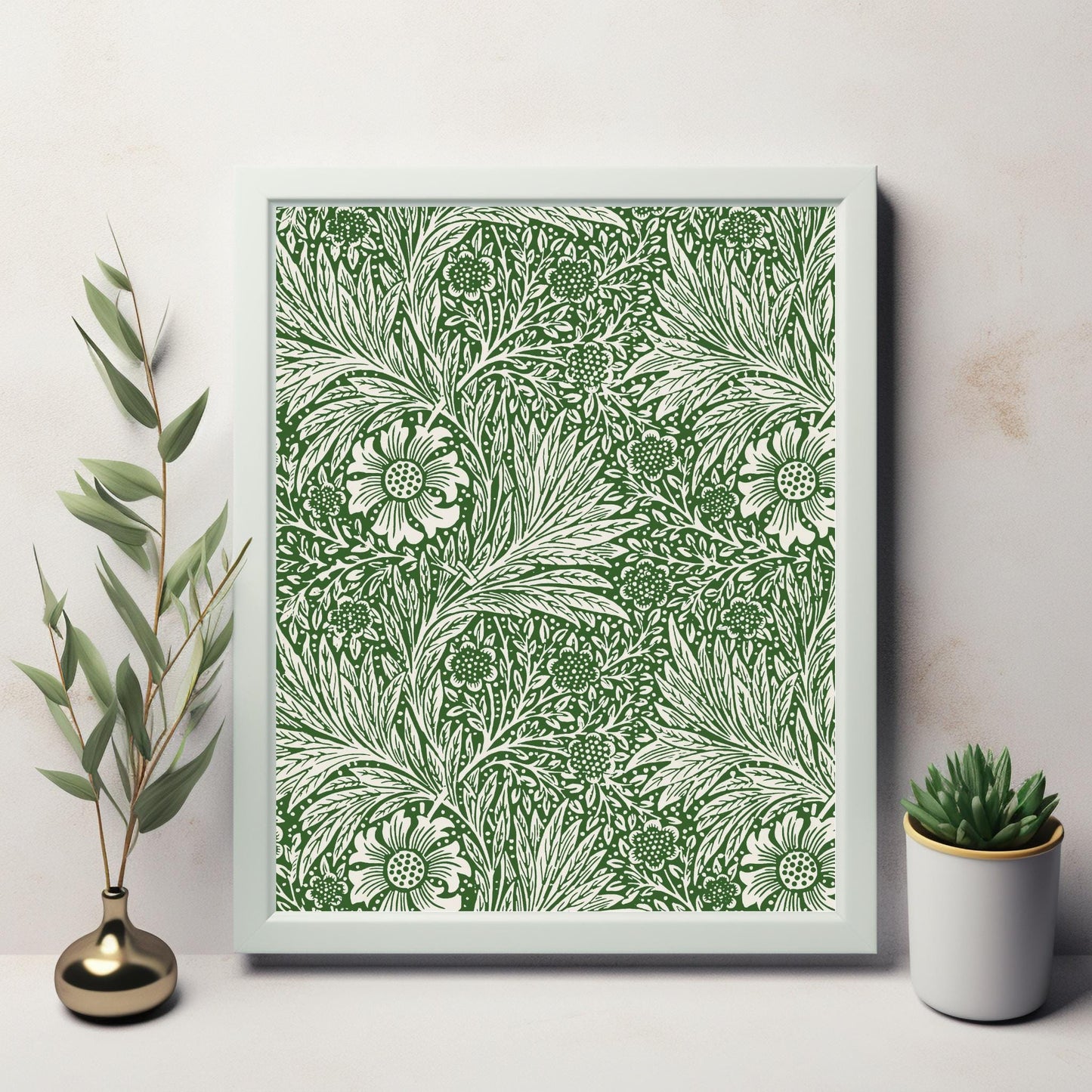 William Morris Inspired Vintage Green and White Floral Art Deco Pattern - Digital Art for Wall Decor and Printable Downloads