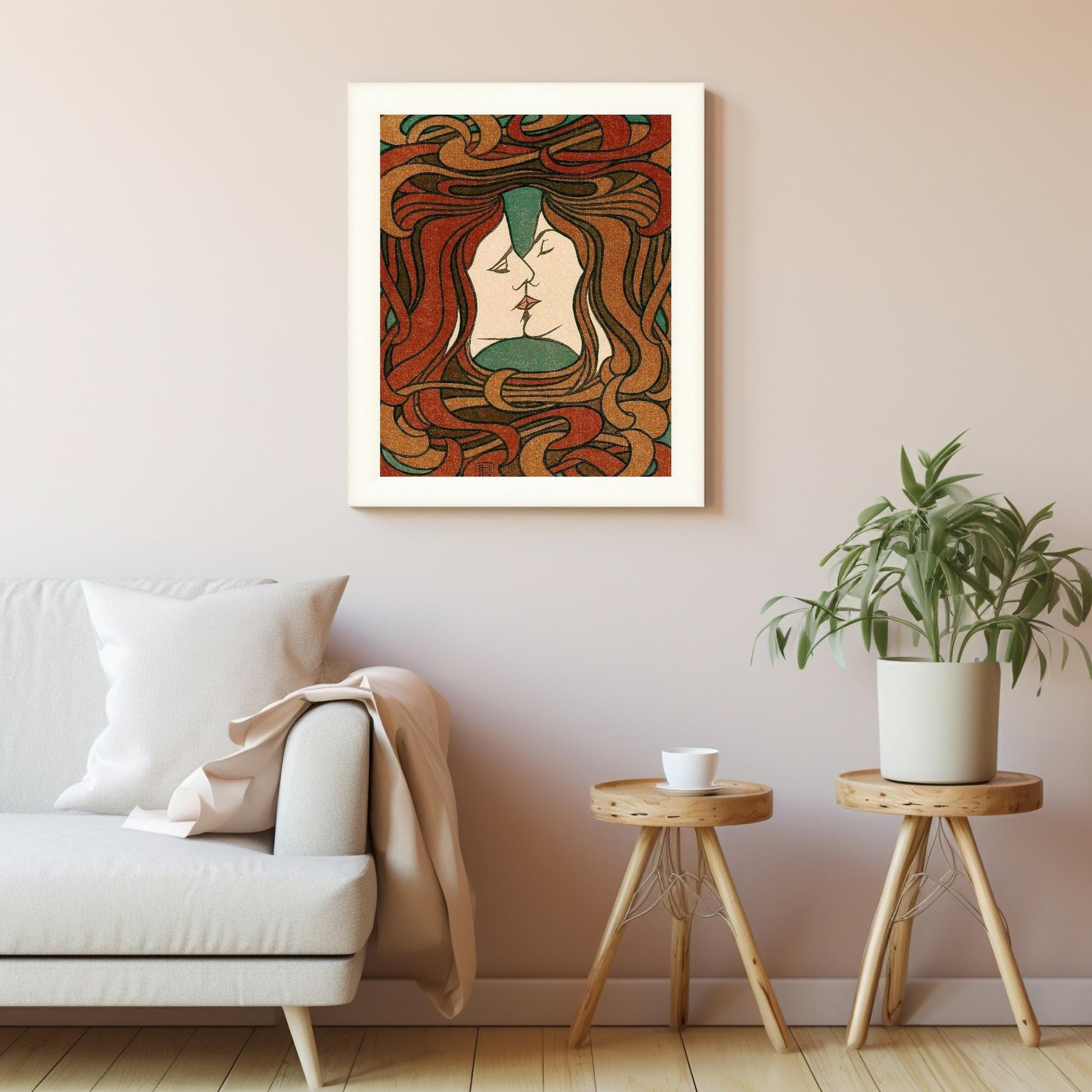 Embracing Love Abstract Representation of Two Women Kissing in Warm Tones - Perfect Wall Art for Queer Spaces