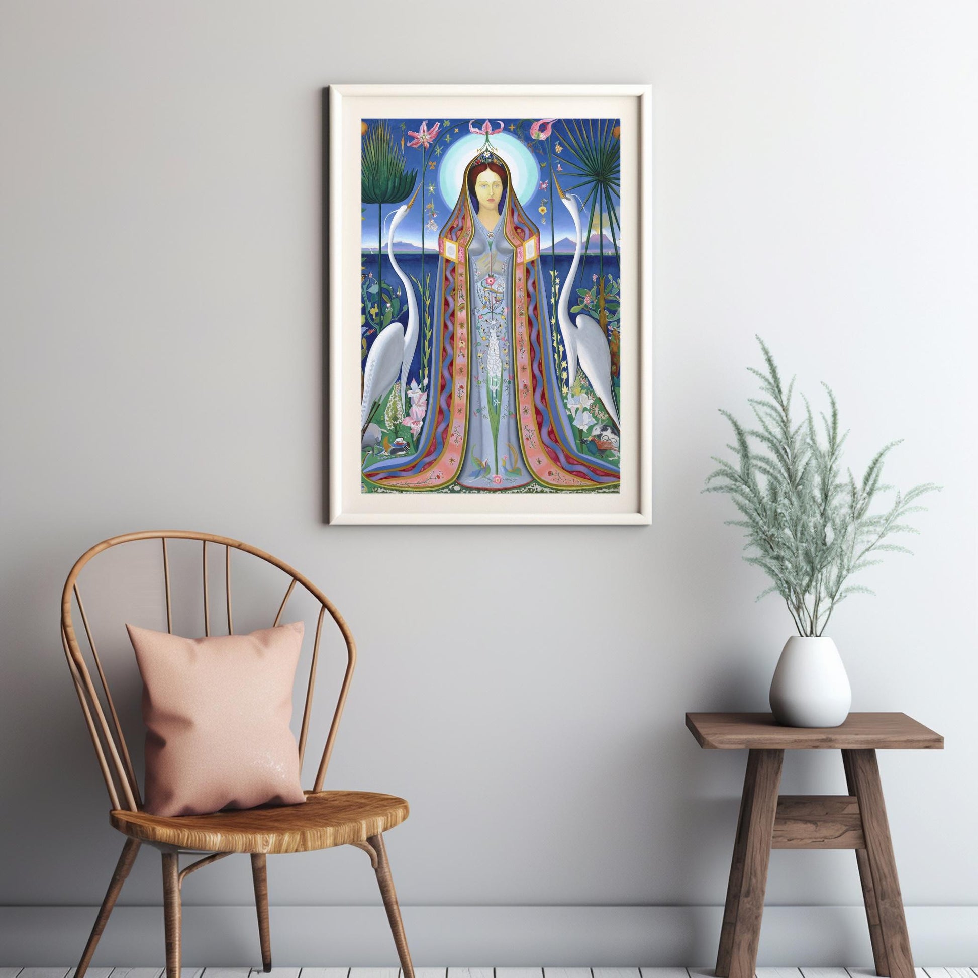 Ethereal Harmony A Modern Madonna Surrounded by Nature and Cranes Inspired by Joseph Stella&#39;s Purissima 1927