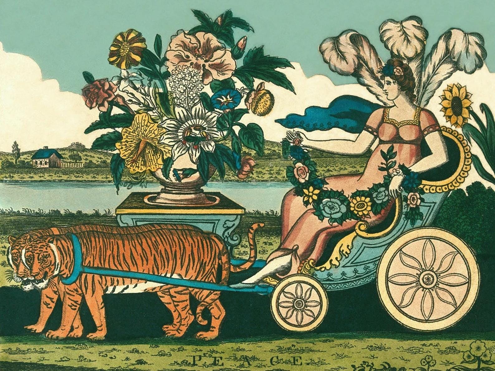 Whimsical Chariot Ride A Colorful Fantasy with Elegance, Tiger, and Floral Splendor in a Serene Landscape