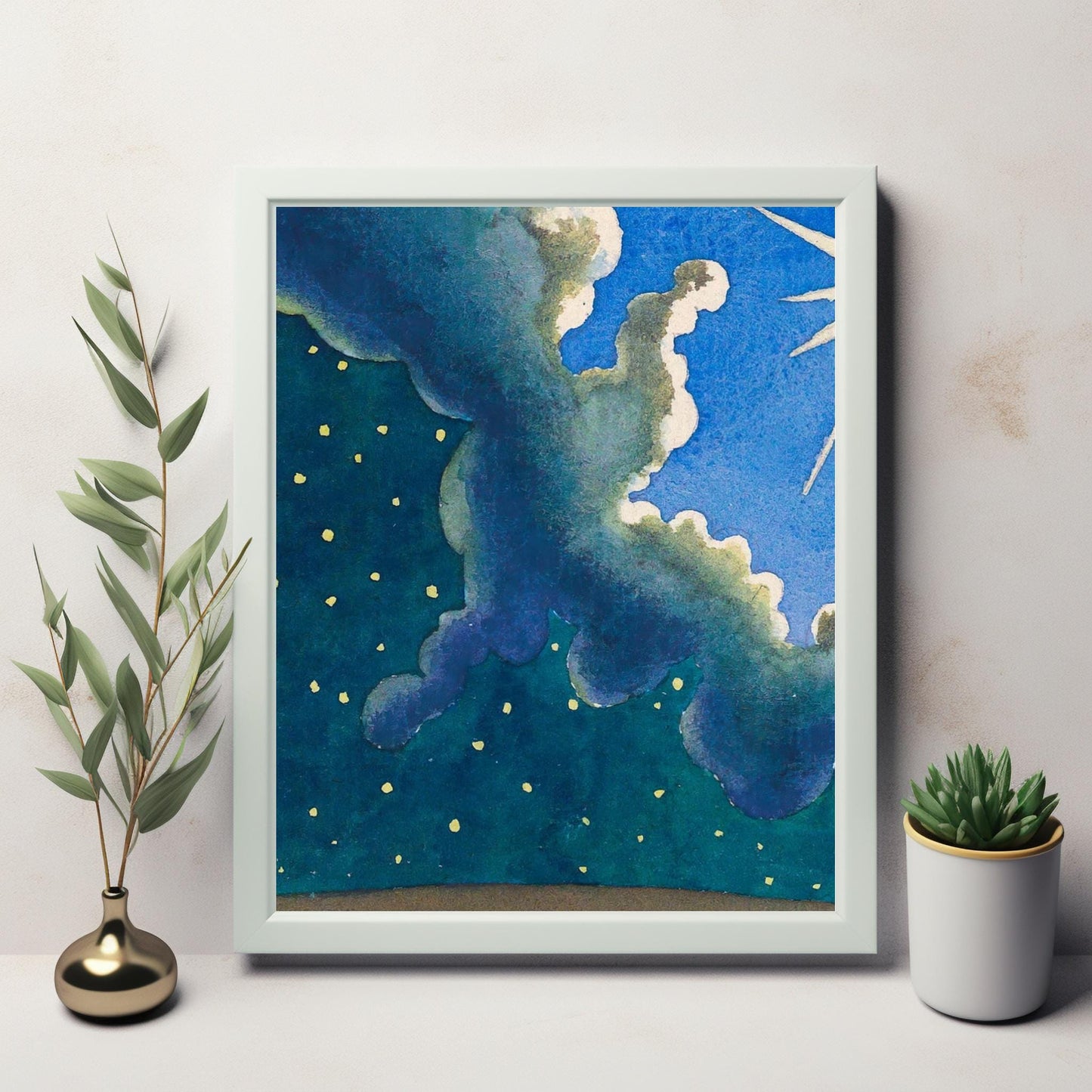 Serene Night Sky Watercolor Art - Crescent Moon and Twinkling Stars - Tranquil Printable Digital Download for Home Decor