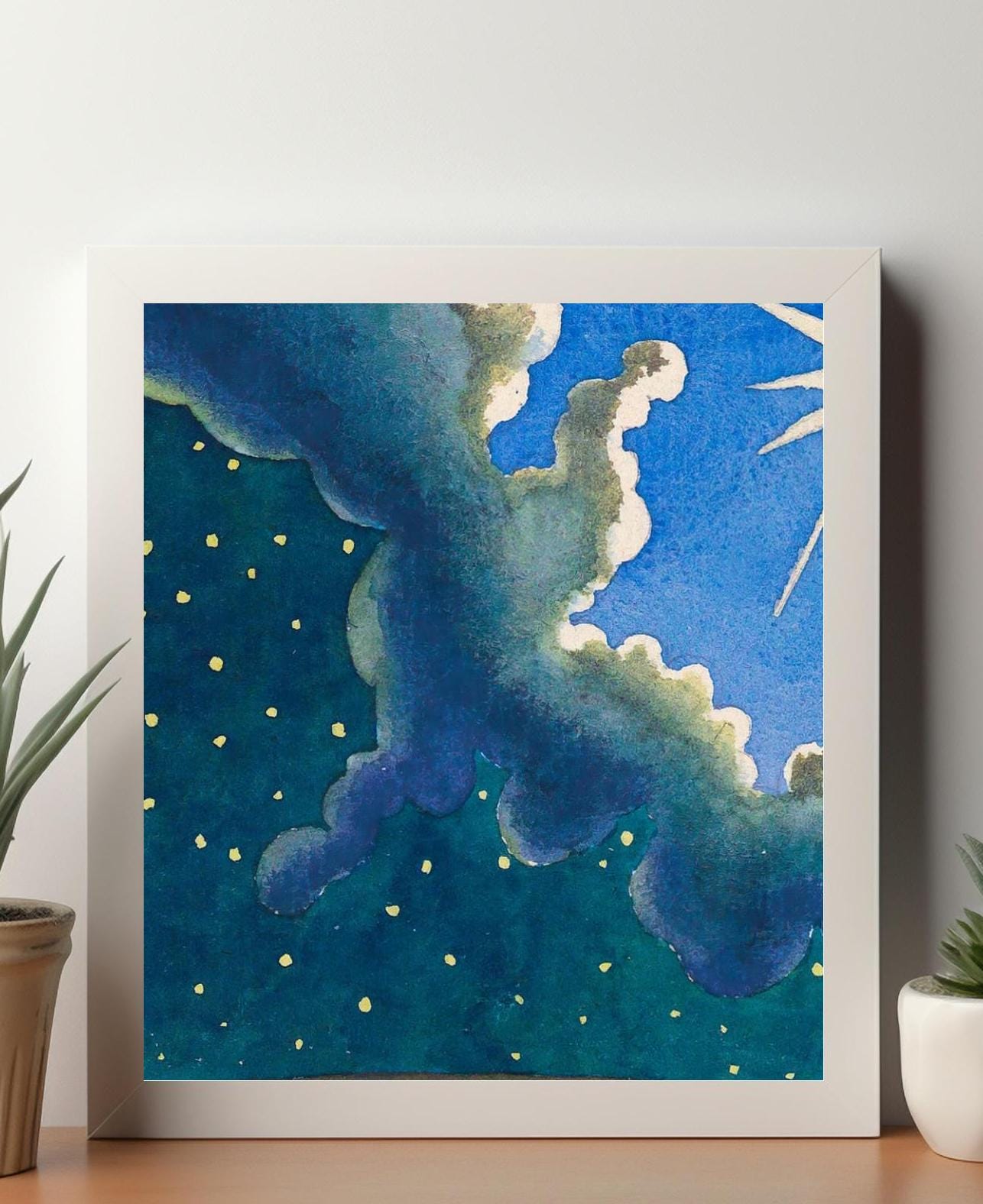 Serene Night Sky Watercolor Art - Crescent Moon and Twinkling Stars - Tranquil Printable Digital Download for Home Decor