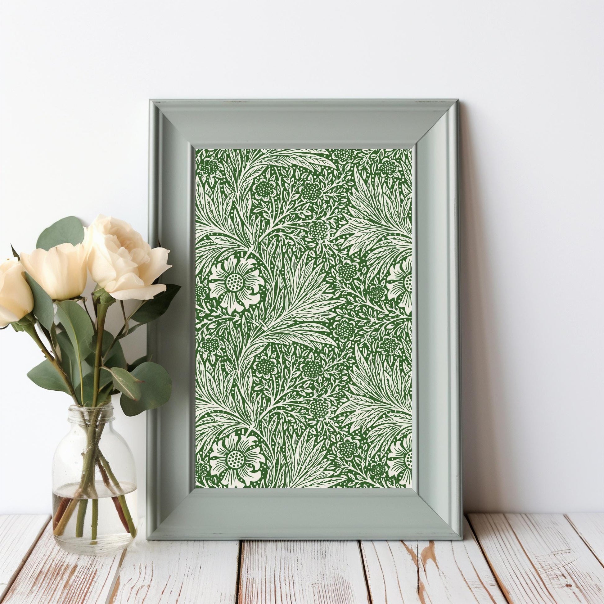 William Morris Inspired Vintage Green and White Floral Art Deco Pattern - Digital Art for Wall Decor and Printable Downloads