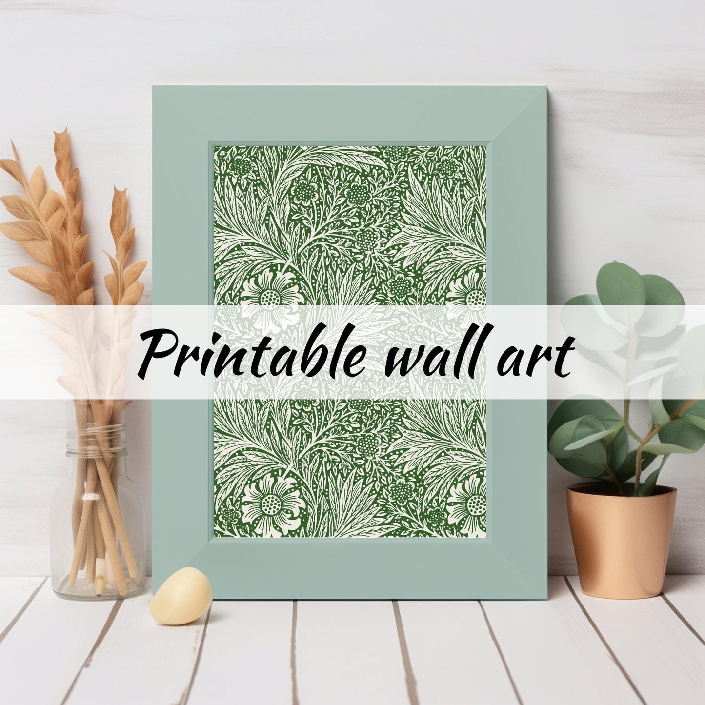 William Morris Inspired Vintage Green and White Floral Art Deco Pattern - Digital Art for Wall Decor and Printable Downloads