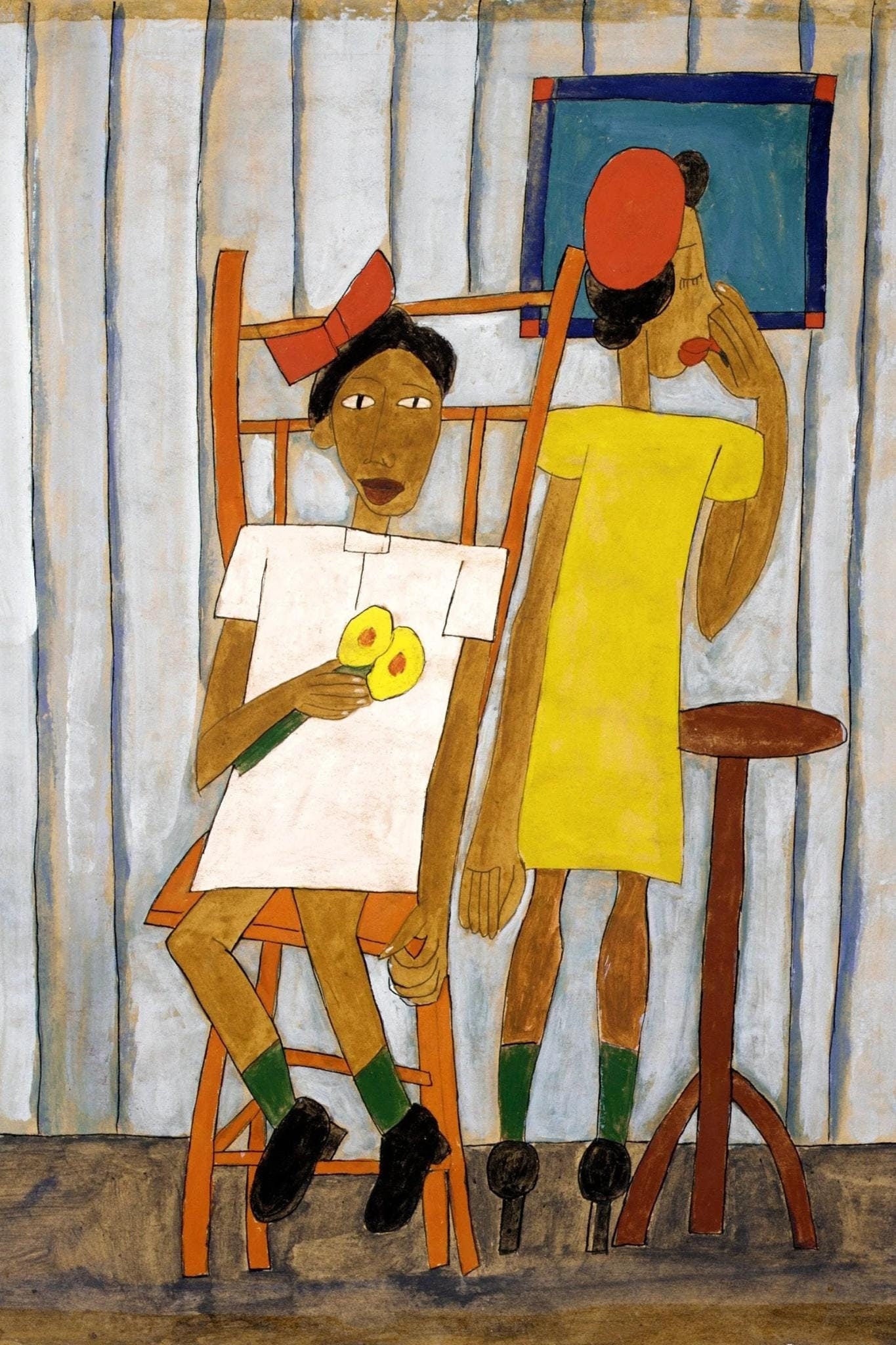 Bill Traylor Folk Art - Black Americana Art - Leisurely Moments A Vibrant Abstract Scene of Connection in Folk Art Style