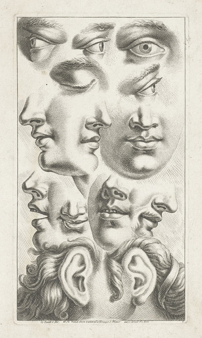 Engraving showing multiple human faces by Jean Lepautre
