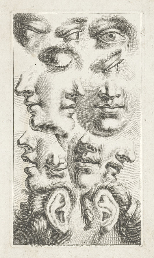 Engraving showing multiple human faces by Jean Lepautre
