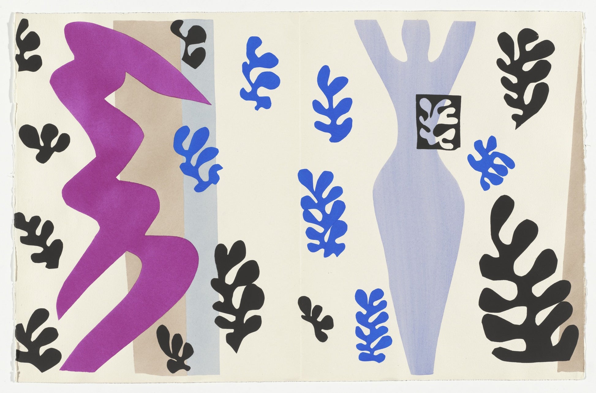 Abstract art piece with geometric shapes and patterns on a beige background