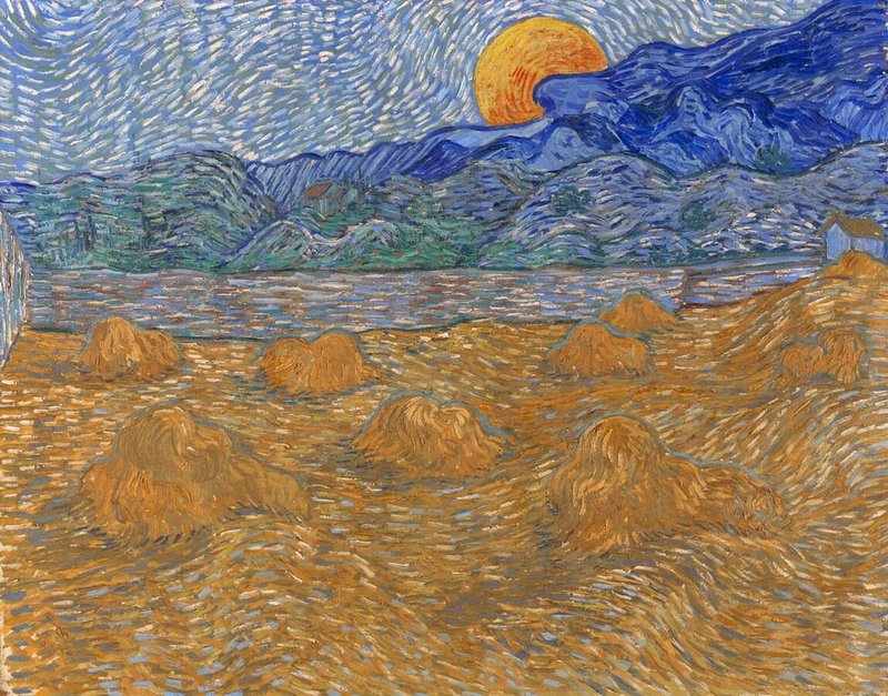 Landscape with wheat sheaves and rising moon (1889) by Vincent van Gogh