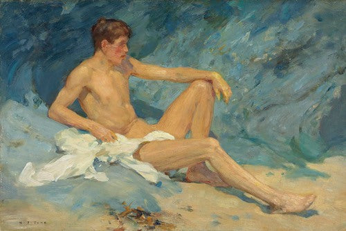 A male nude reclining on rocks