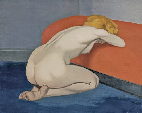 Mujer desnuda arrodillada frente a un sofá rojo (1915)