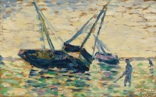 Trois Bateaux Et Un Marin (Étude Pour L'échouage À Grandcamp) (1885) de Georges Seurat