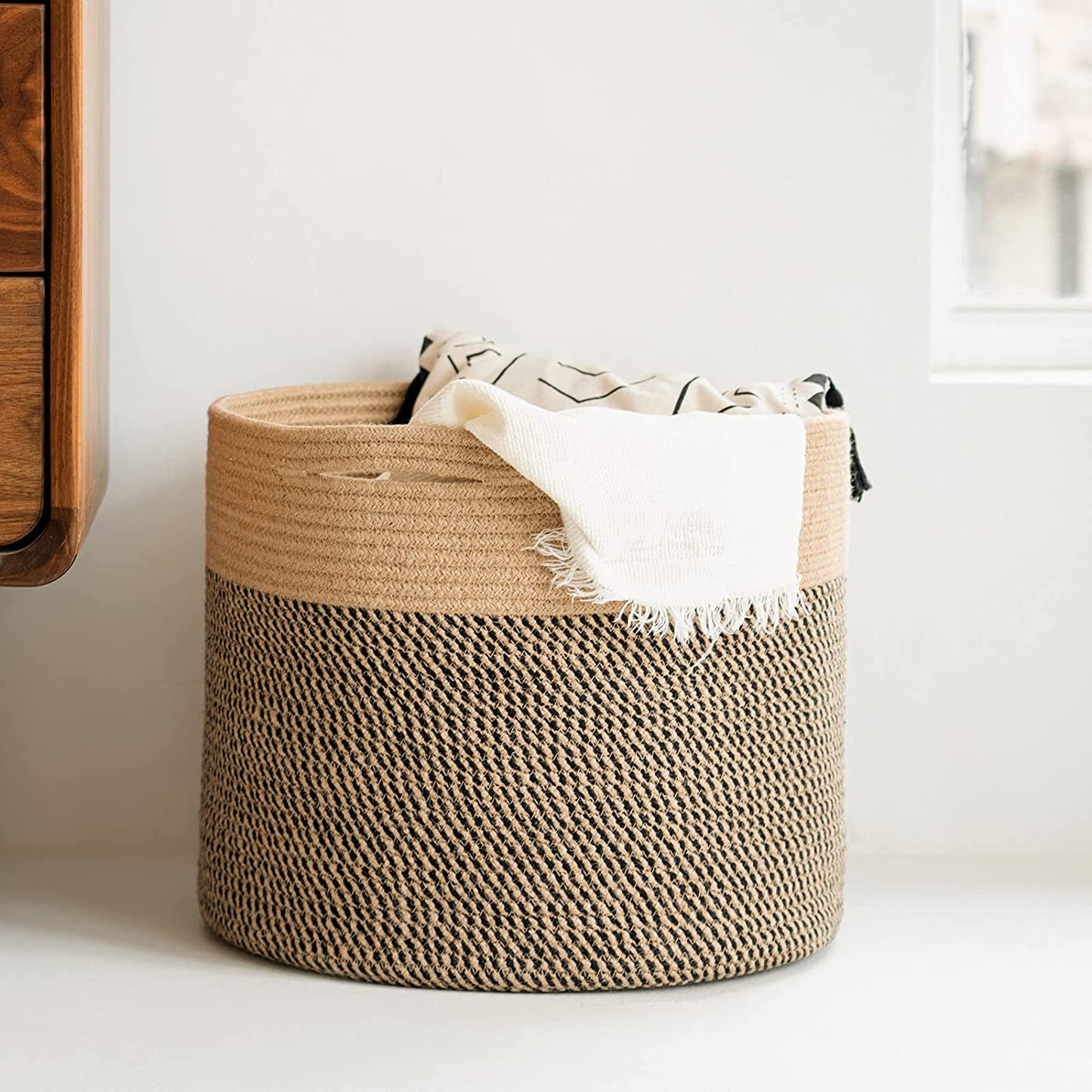 Black and Jute Rope Basket, Large - 15.8"x15.8"x13.8"