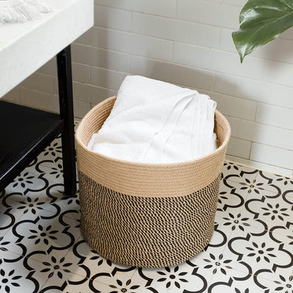 Black and Jute Rope Basket, Large - 15.8"x15.8"x13.8"