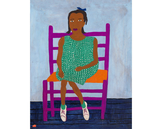 Anna Mae by william h johnson. A vintage-style portrait painting of a young girl sitting in a purple and green chair, with a blue background.