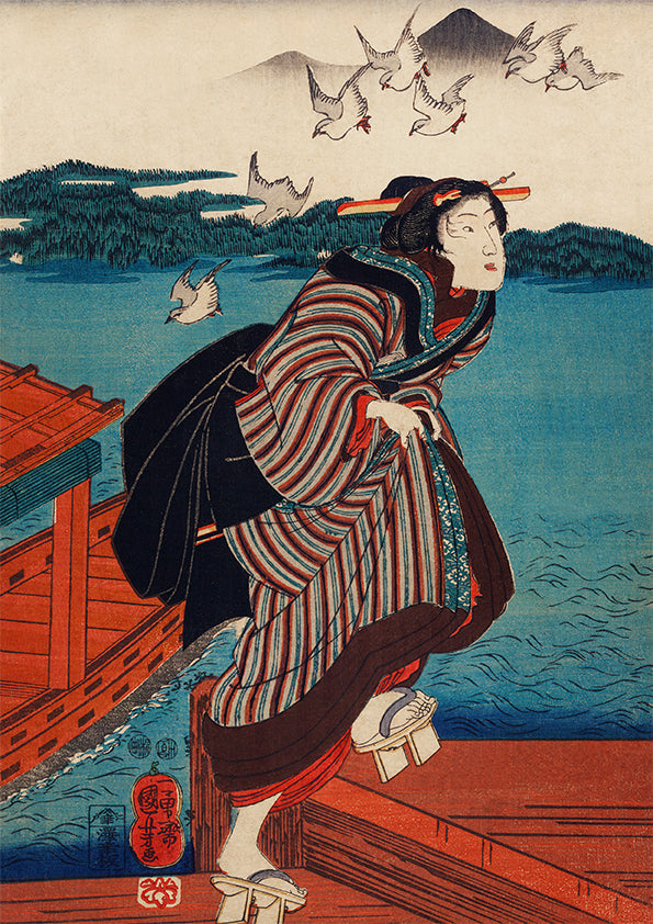 Geisha running and the sea by Utagawa Kuniyoshi