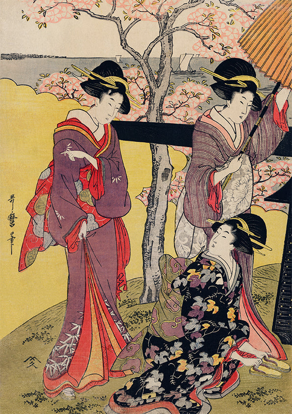 Gotenyama no Hanami Hidari (3 Geishas at Cherry Blossom Garden) by Utamaro Kitagawa