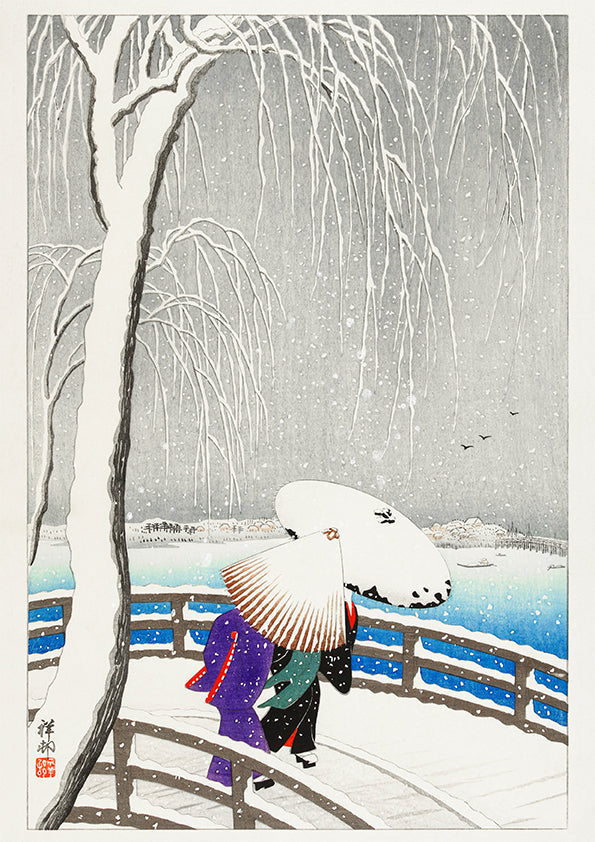 Dos mujeres en la nieve en el puente Yanagi, por Koson