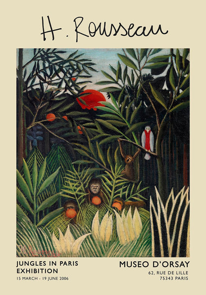 Cartel de la exposición Monos y loros de Rousseau