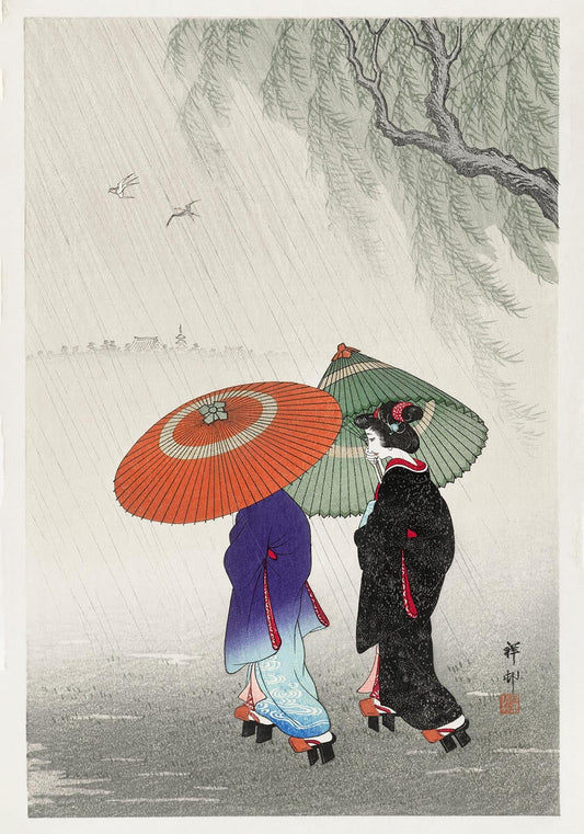 Dos mujeres bajo la lluvia de Ohara Koson
