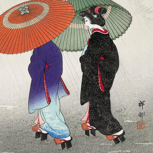 Dos mujeres bajo la lluvia de Ohara Koson