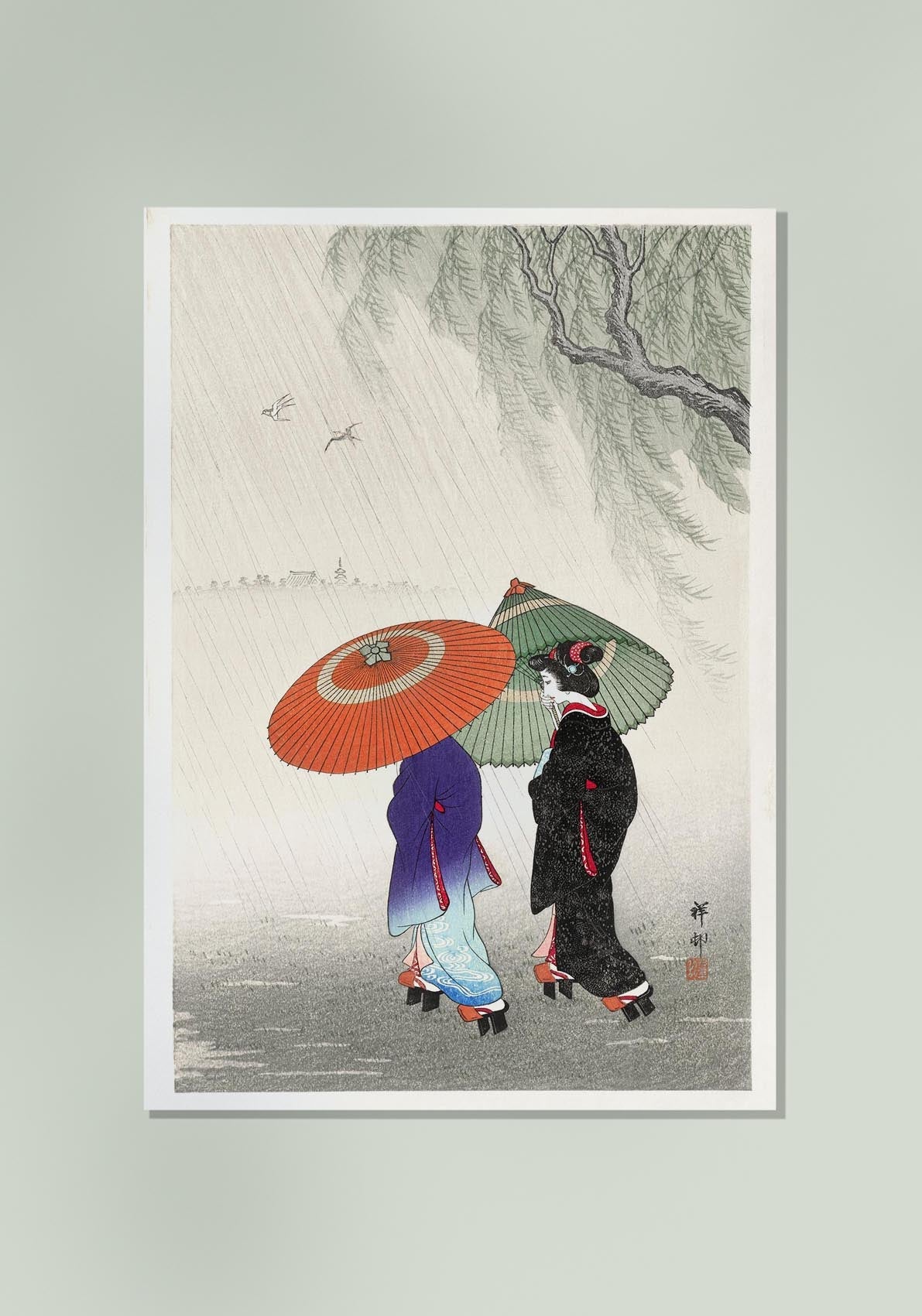 Two Women in the Rain by Ohara Koson