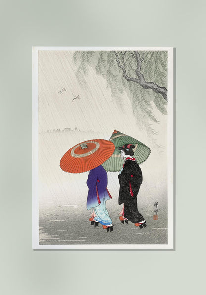 Dos mujeres bajo la lluvia de Ohara Koson
