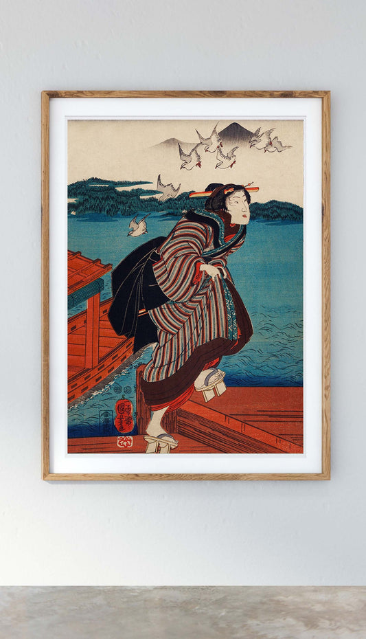 Geisha corriendo y el mar de Utagawa Kuniyoshi