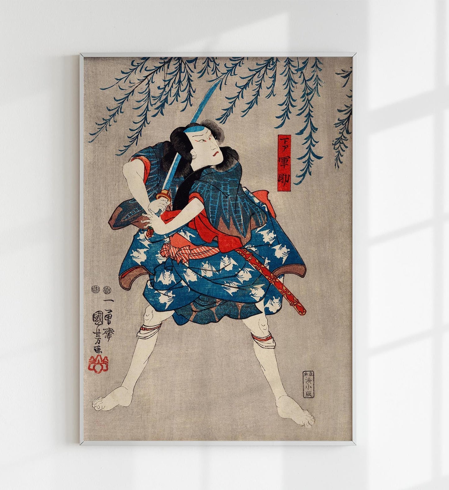 Samurai con kimono azul oscuro de Utagawa Kuniyoshi