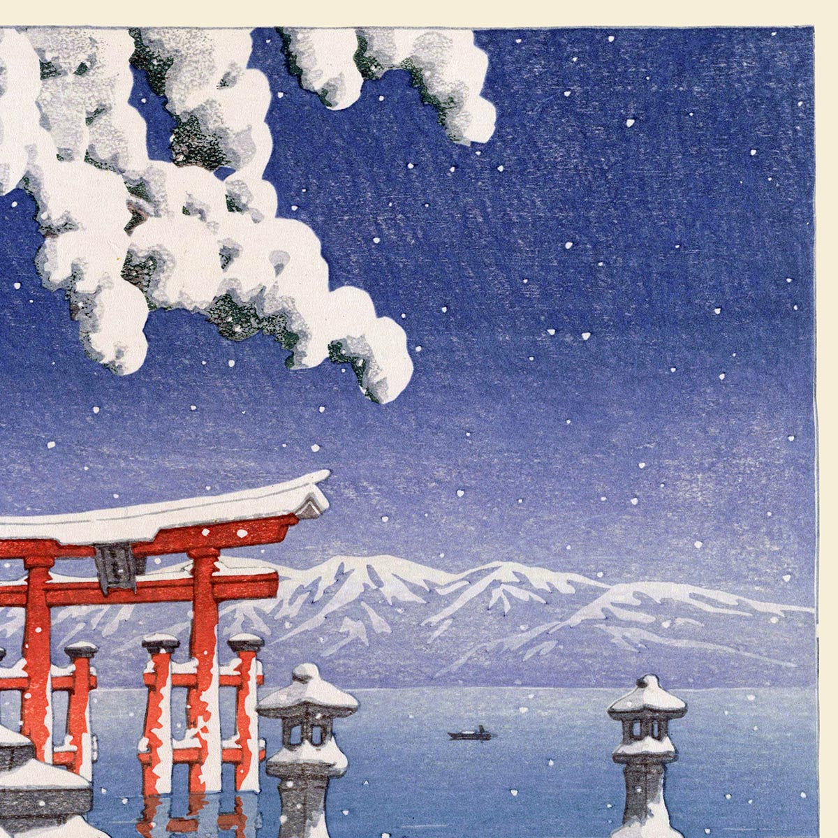 Nieve en Itsukushima por Hasui