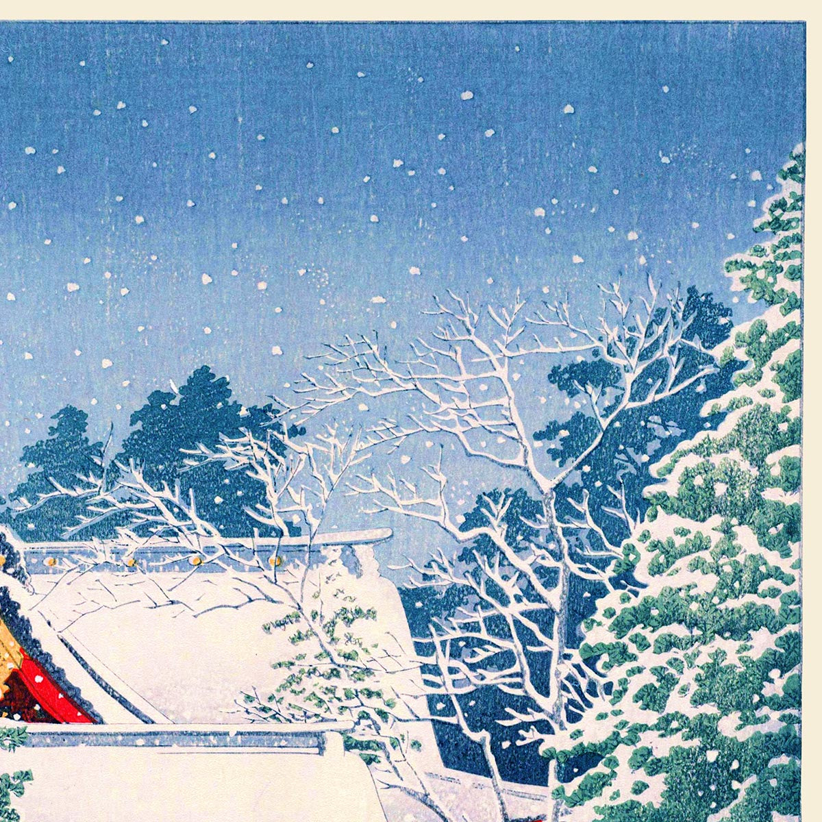 Nieve en el santuario de Hie, por Hasui