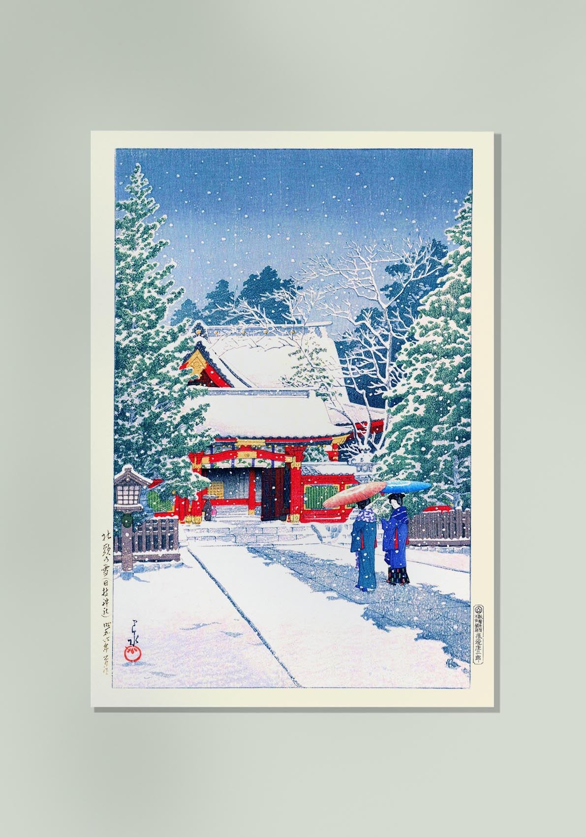 Nieve en el santuario de Hie, por Hasui