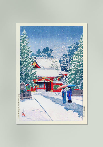 Nieve en el santuario de Hie, por Hasui