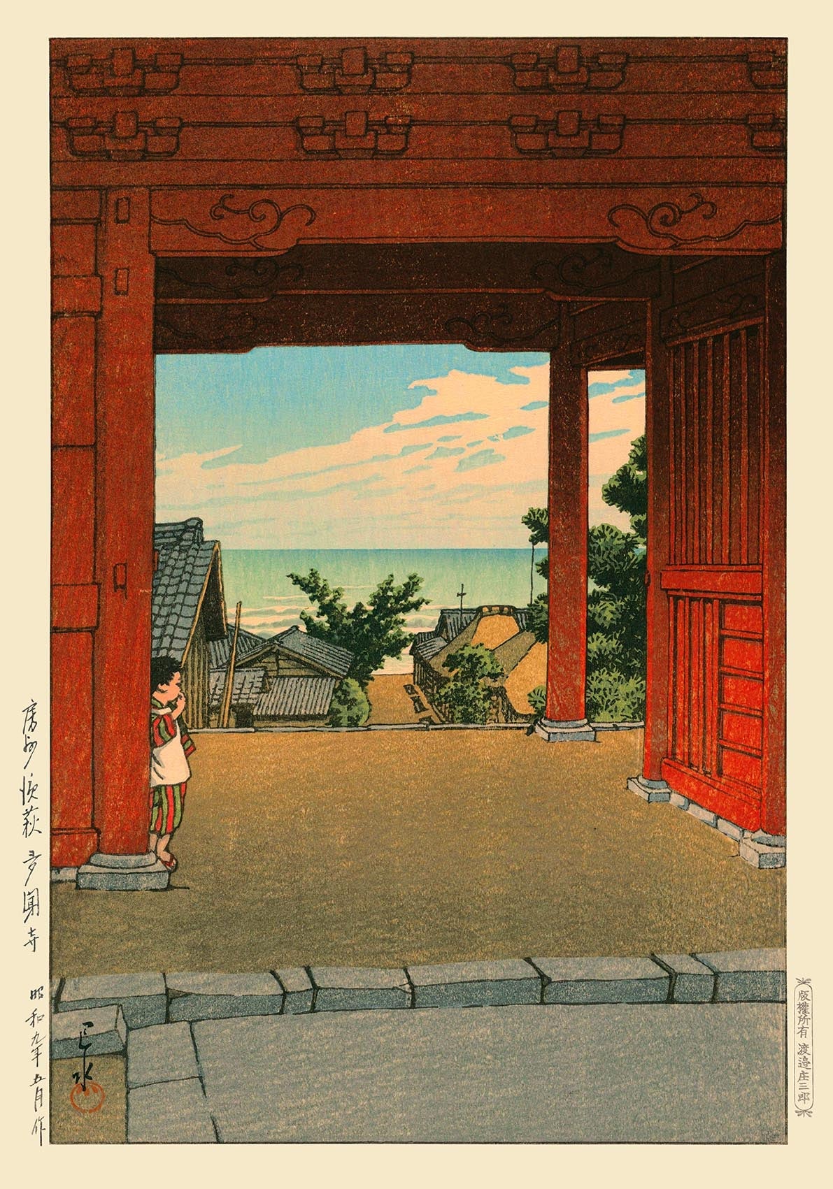 Templo Tamon en Hamahagi por Hasui