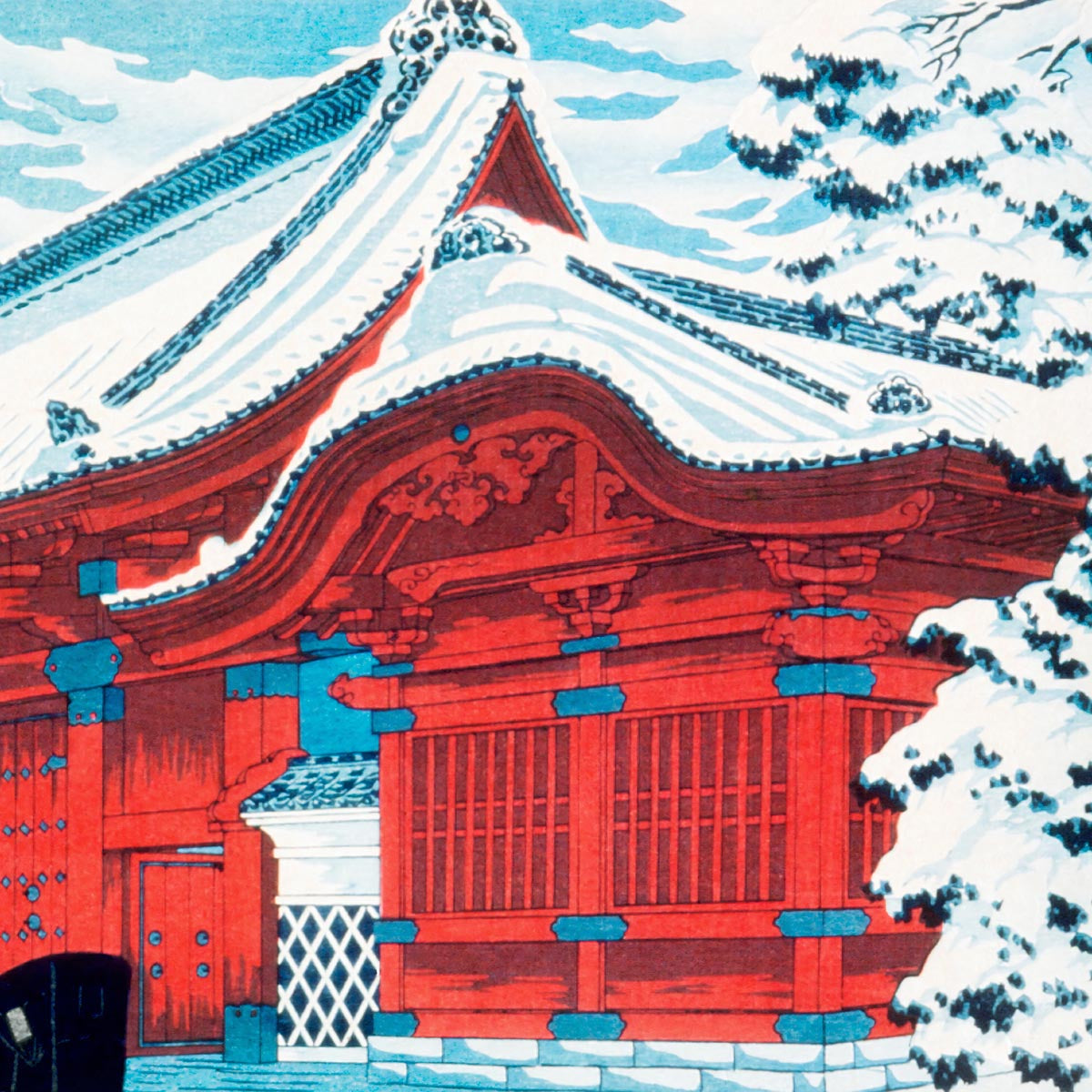 Puerta roja de Hongo en la nieve, de Takahashi Shōtei