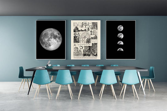 Conjunto de 3 ilustraciones astronómicas antiguas de la Luna