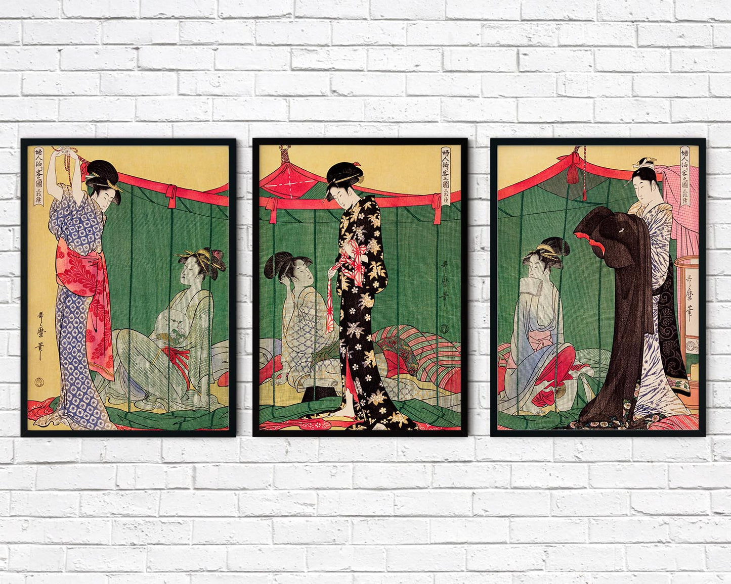 Woman with a Visitor by Utamaro Kitagawa Triptych - set of 3 prints