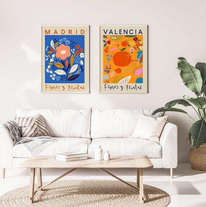 Set de 2 láminas artísticas de flores de Madrid y Valencia
