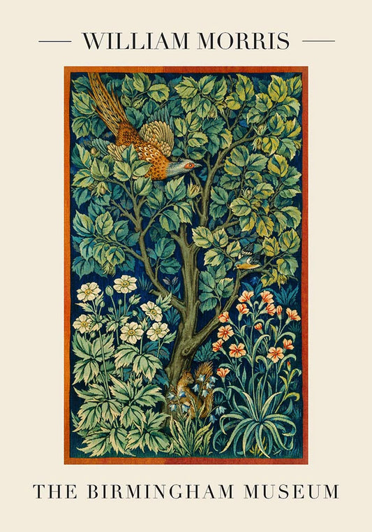 Póster de la exposición de arte del faisán y el pavo real de William Morris