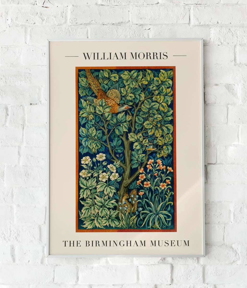 Póster de la exposición de arte del faisán y el pavo real de William Morris