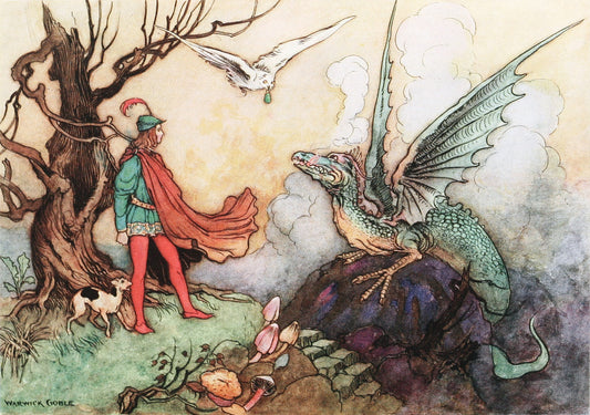 Lámina artística de dragón vintage | Ilustración de fantasía y cuento de hadas | Warwick Goble | Regalo ecológico | Decoración vintage moderna