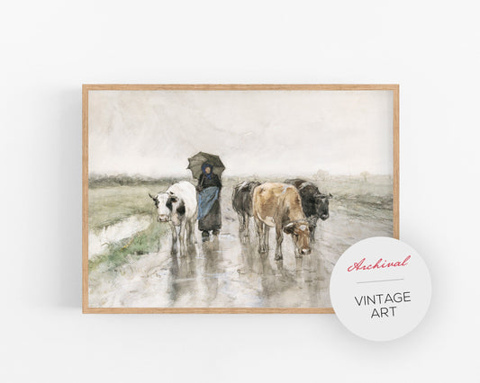 Impresión artística antigua de una vaca y un rebaño bajo la lluvia | Arte de granja | Ilustración antigua | Decoración vintage moderna | Listo para enmarcar y regalar