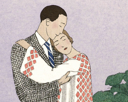 Moda francesa vintage | Hombre y mujer abrazándose | Amor y San Valentín | Ilustración de moda de los años 20 | Arte de estilo art déco | Regalo ecológico