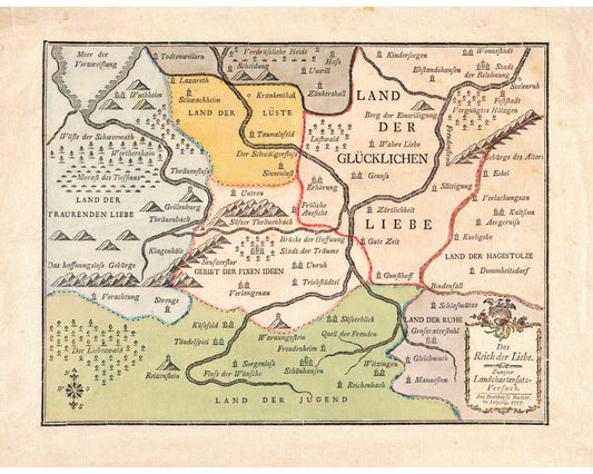 Mapa antiguo alemán del amor | Mapa de relaciones vintage de 1777 | Amor y San Valentín | Regalo de compromiso, boda o aniversario | Vintage moderno