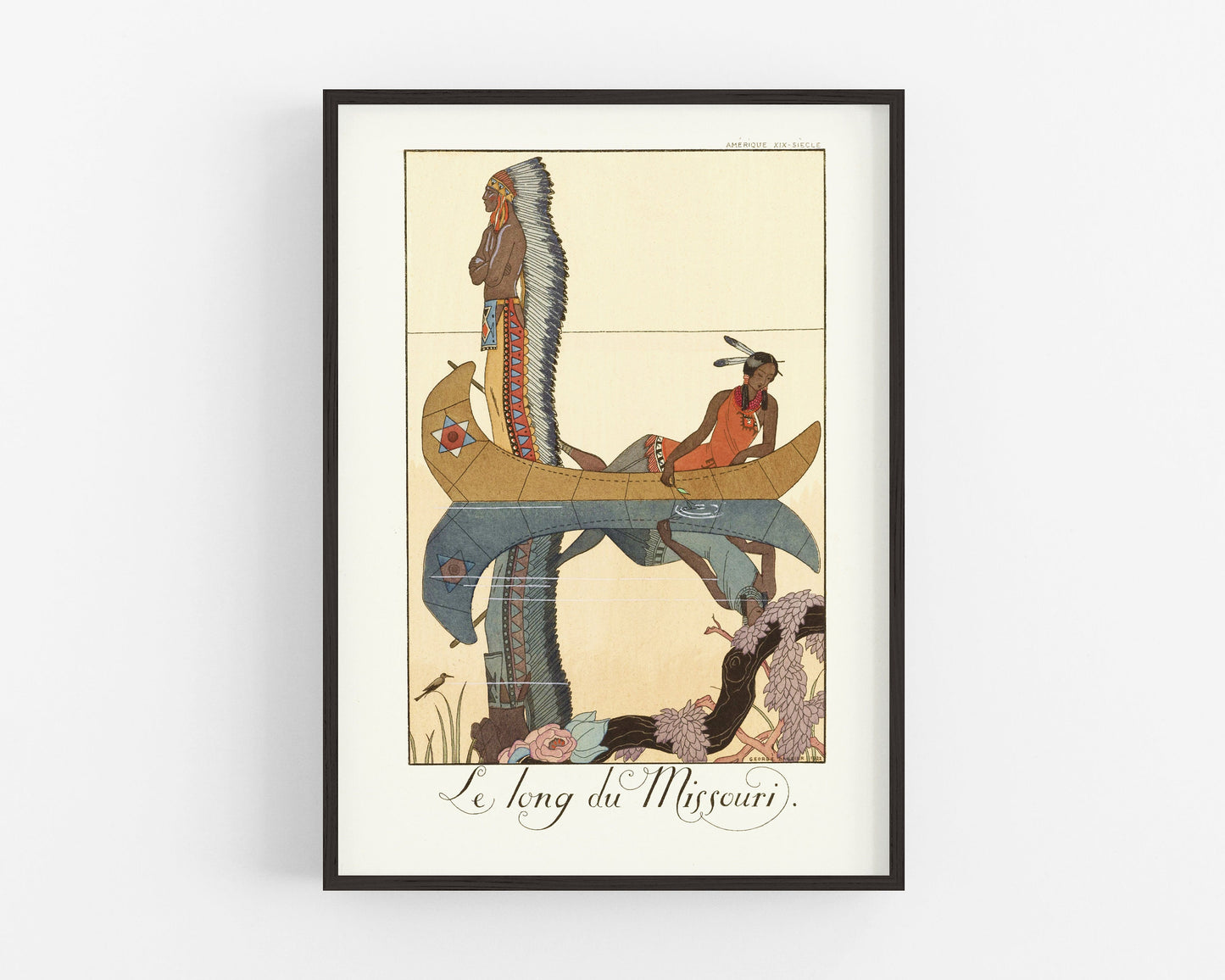 Vintage Indigenous peoples art print | Native American fashion | Canoe on Missouri River | Art Deco wall art | Eco-friendly gift