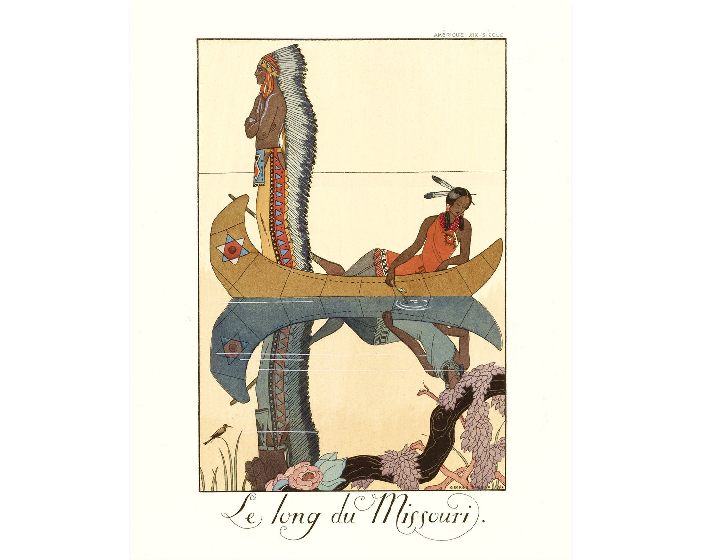 Vintage Indigenous peoples art print | Native American fashion | Canoe on Missouri River | Art Deco wall art | Eco-friendly gift