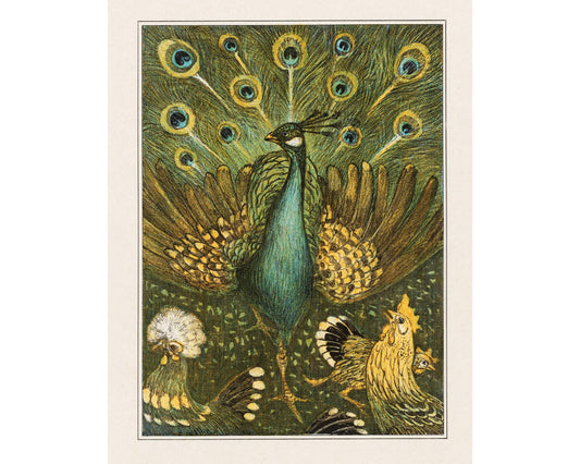 Vintage peacock and chickens painting | Giclée fine art print | Farm, animal and nature art | Modern Vintage decor | Eco-friendly gift