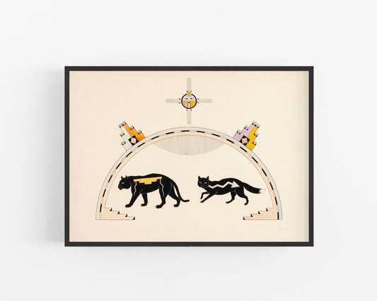 Vintage Awa Tsireh art print | Pueblo Indian black mountain lion and fox | Southwestern style painting | Eco-friendly gift