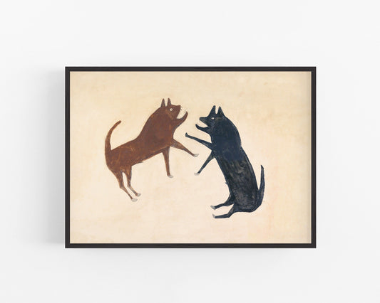 Two dogs fighting | Bill Traylor Americana art | Animal folk art | African American self-taught artist | Modern vintage wall décor